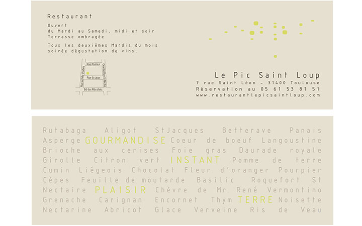 carte de visite support de communication - restaurant le pic saint Loup, toulouse 2013
